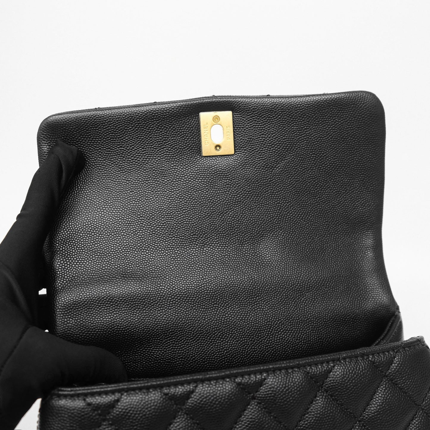 Chanel Small Coco Handle Quilted Black Caviar Aged Gold Hardware Lizard Handle