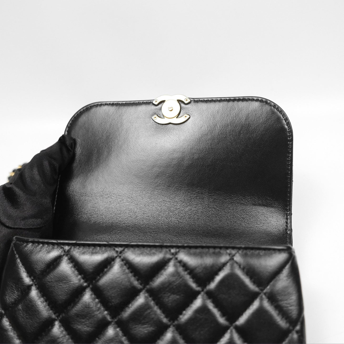 Chanel Flap Phone Holder With Chain Quilted Black Shiny Lambskin
