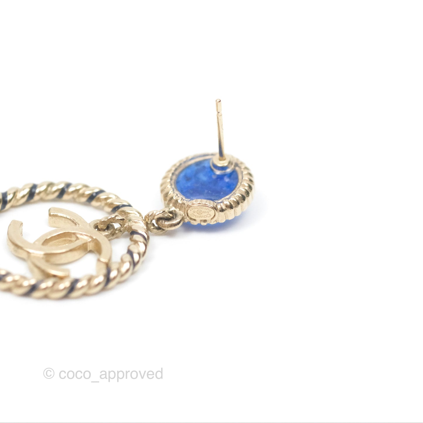 Chanel Round Blue Star Twist Circle White CC Drop Earrings Gold Tone 19C