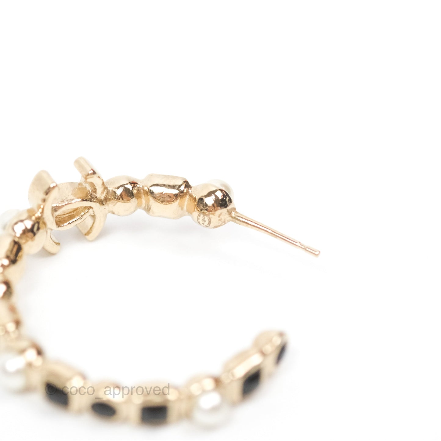 Chanel CC Pearl Black Rhinestone Hoop Earrings Gold Tone 23V
