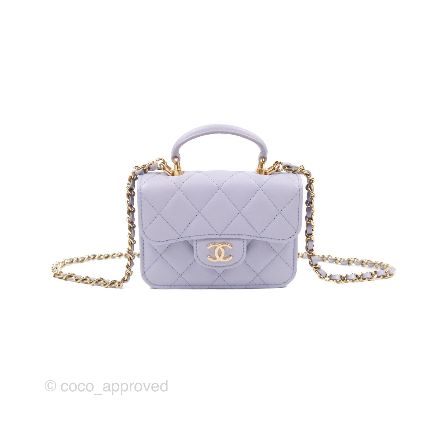 Chanel Mini Handle Flap Coin Purse With Chain Purple Lambskin Gold Hardware