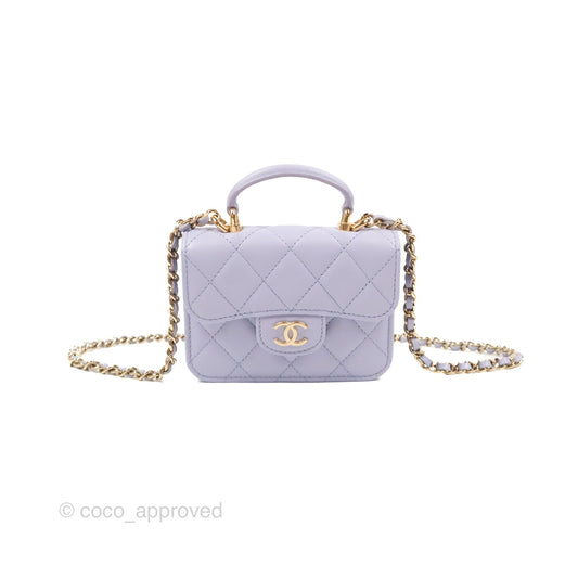 Chanel Mini Handle Flap Coin Purse With Chain Purple Lambskin Gold Hardware