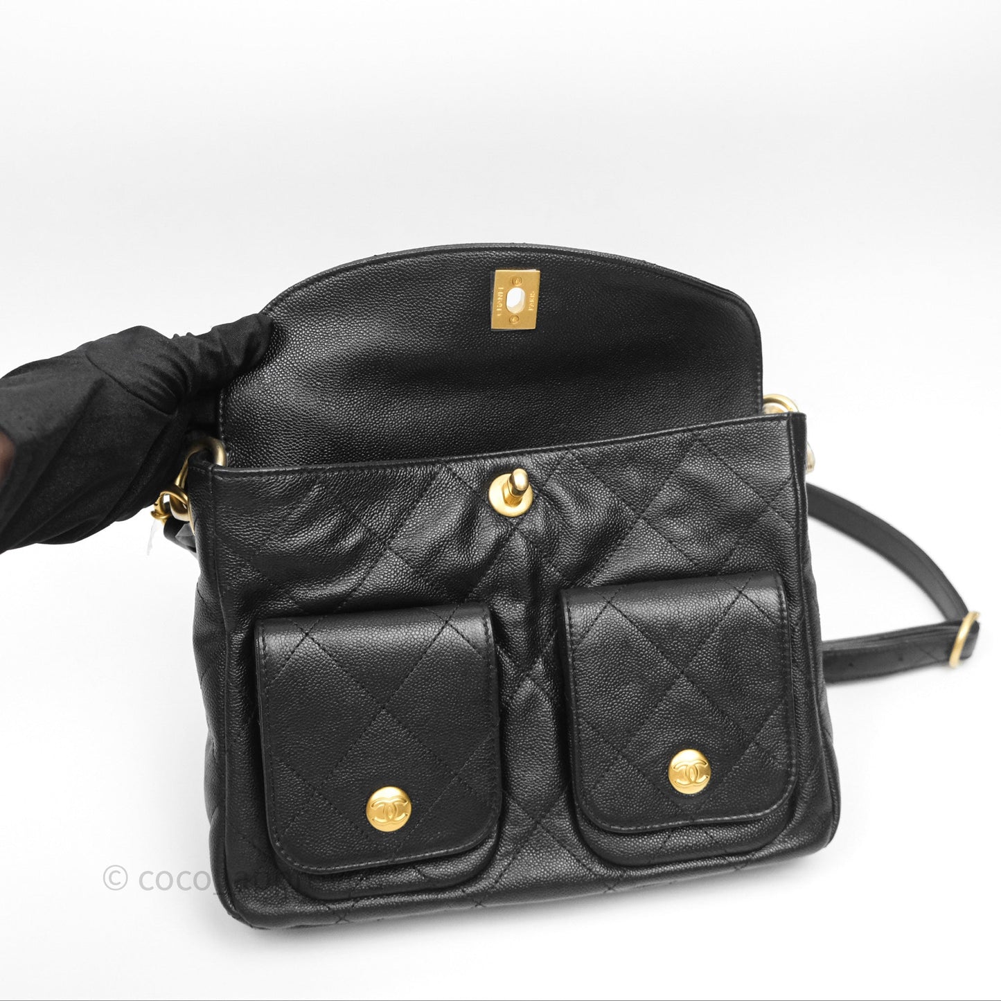 Chanel Double Pocket Hobo Bag Black Caviar Brushed Gold Hardware