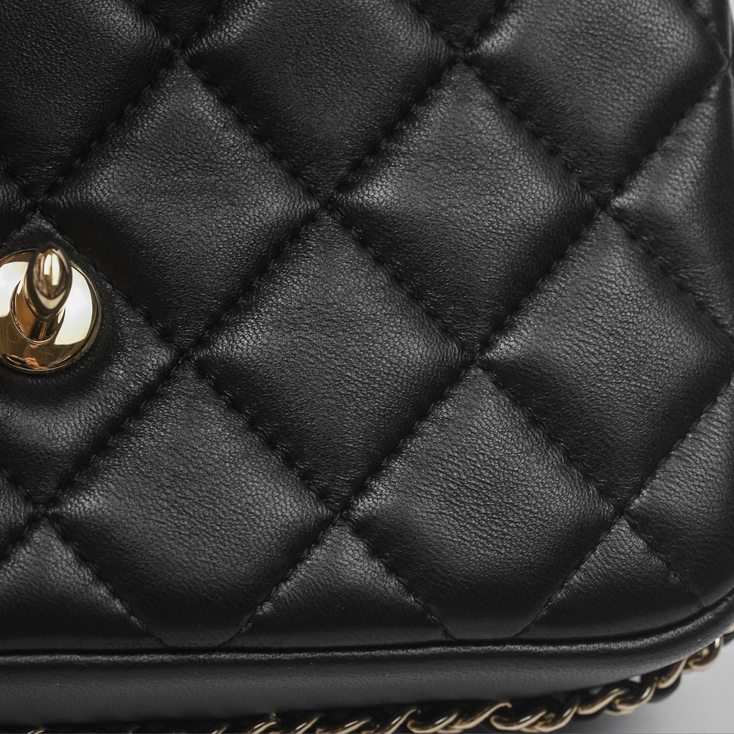 Chanel Logo Pearl Chain Flap Bag Black Lambskin Gold Hardware