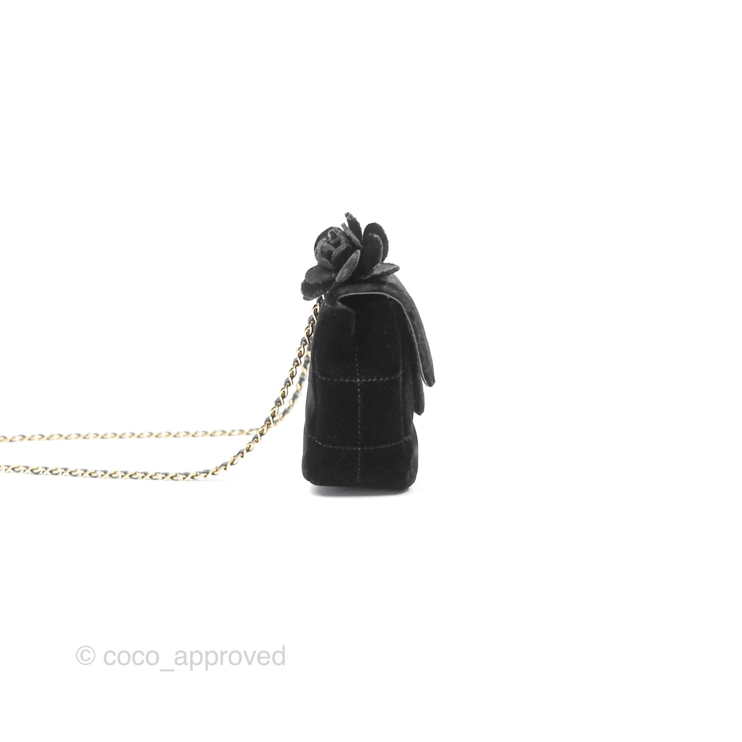 Chanel Vintage Mini Chocolate Bar Camellia Flap Black Velvet Gold Hardware