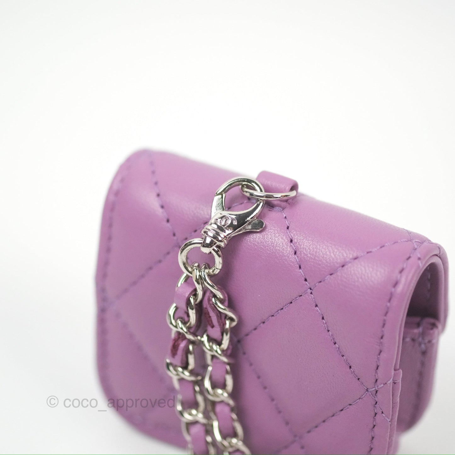Chanel Quilted Airpods Pro Case with Removable Chain Purple Lambskin Silver Hardware