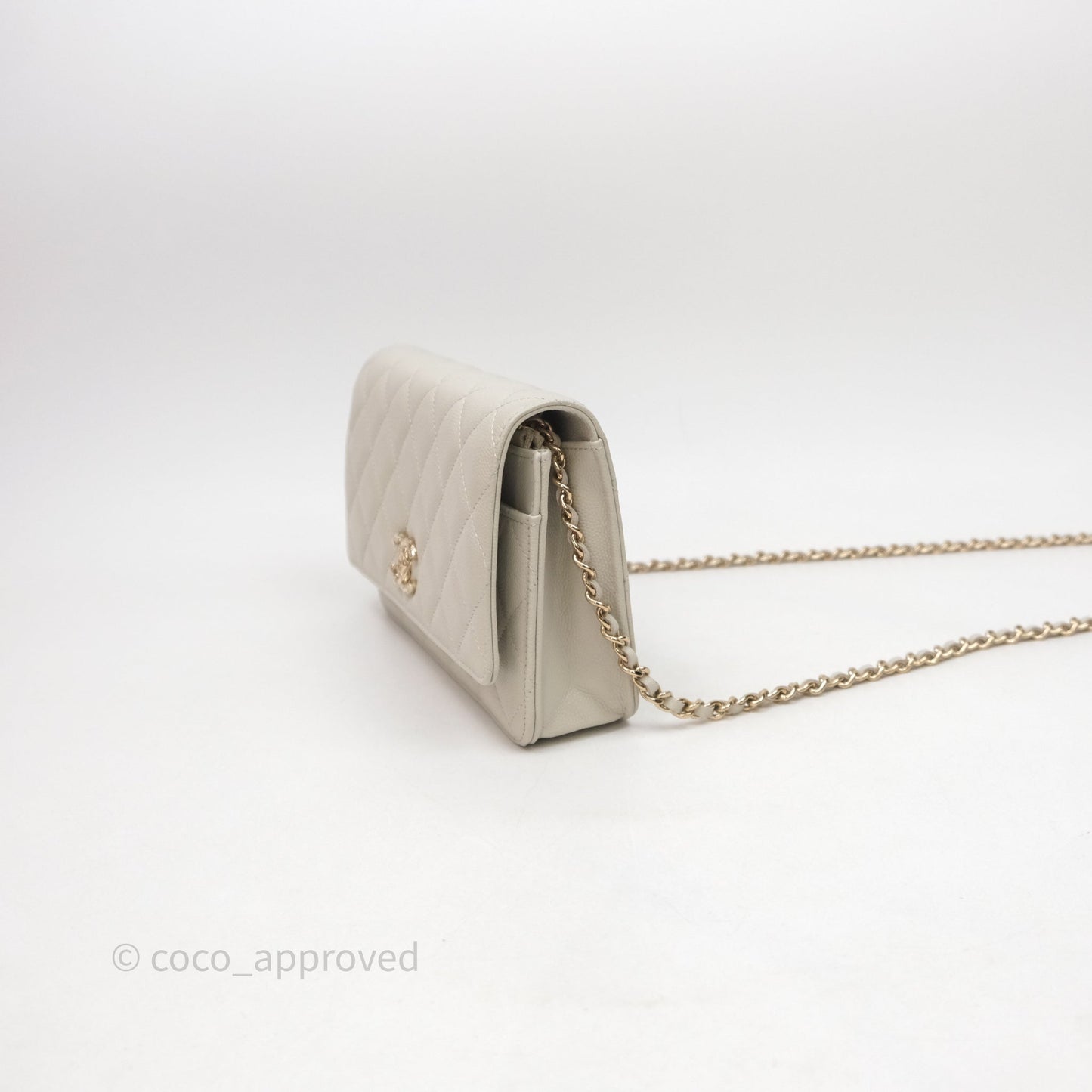 Chanel Quilted Wallet on Chain WOC Light Grey Caviar Gold Hardware 24S