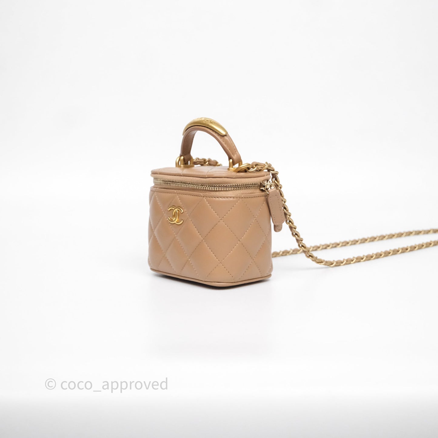 Chanel Mini Metal Top Handle Vanity With Chain Dark Beige Lambskin Aged Gold Hardware