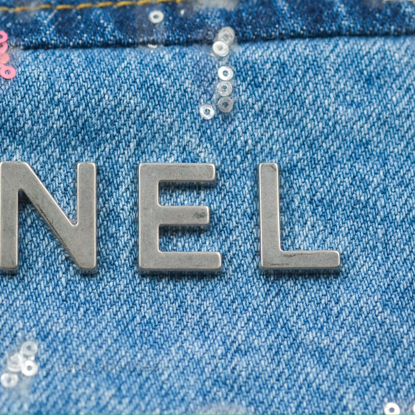 Chanel 22 Medium Denim Sequins Aged Silver Hardware