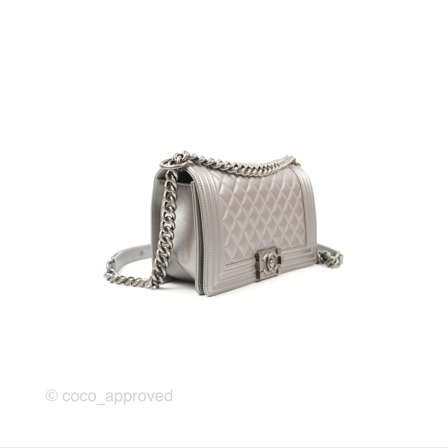 Chanel Quilted Medium Boy Silver Caviar Ruthenium Hardware