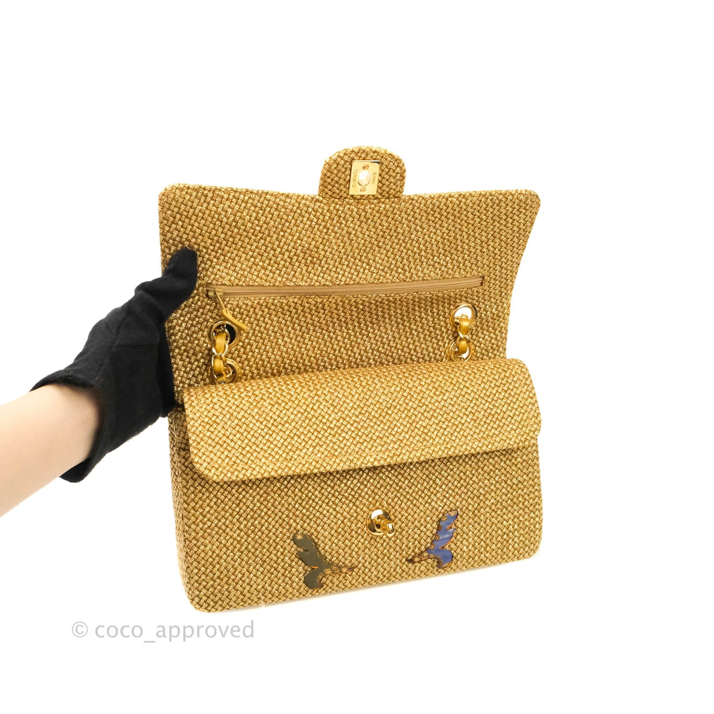 Chanel Classic M/L Medium Double Flap Gold Tweed Mirror Embellished Gold Hardware