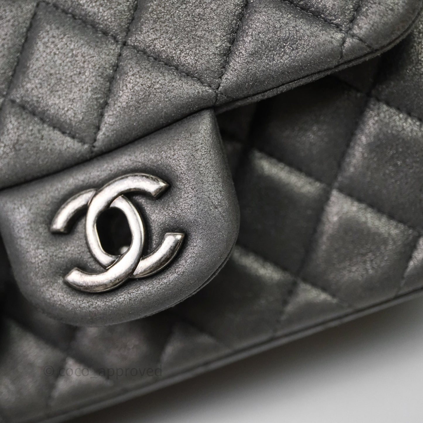 Chanel Mini Square Iridescent Grey Suede Gun Metal Hardware