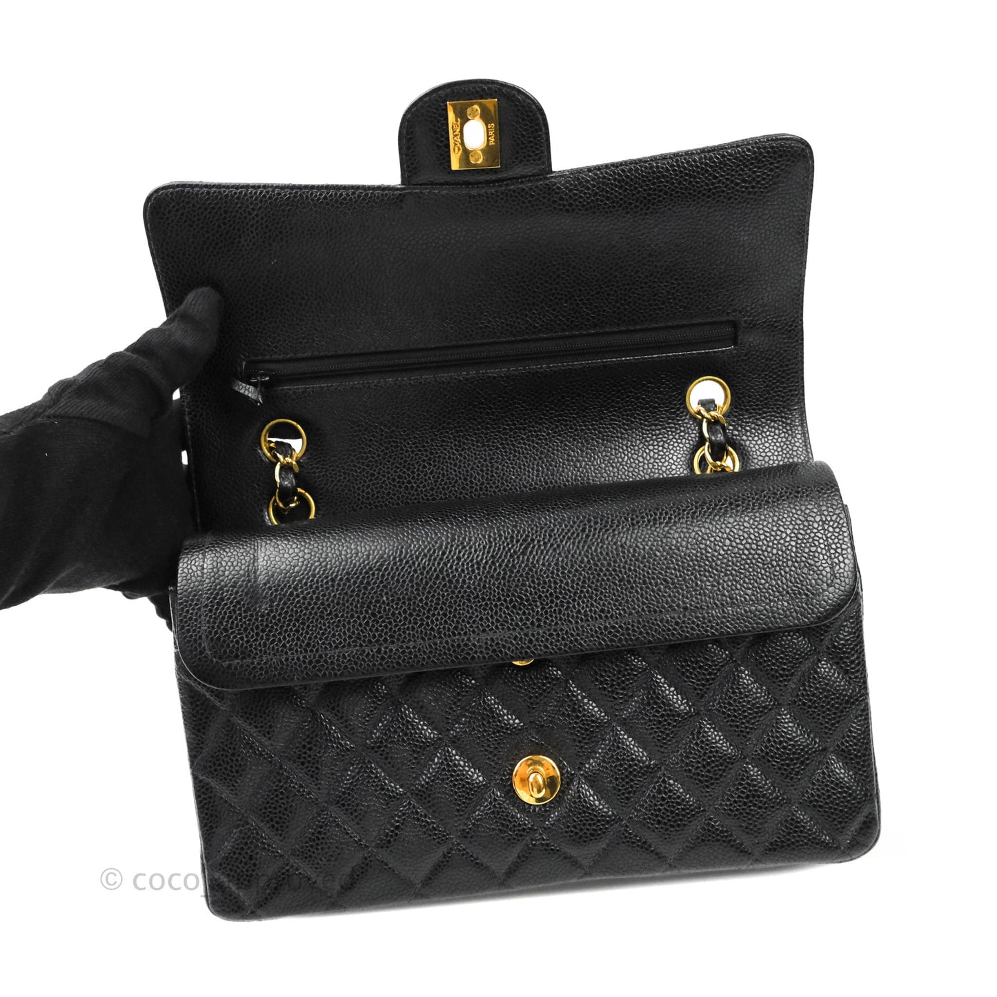 Chanel Vintage Quilted M/L Medium Double Flap Black Caviar 24K Gold Hardware