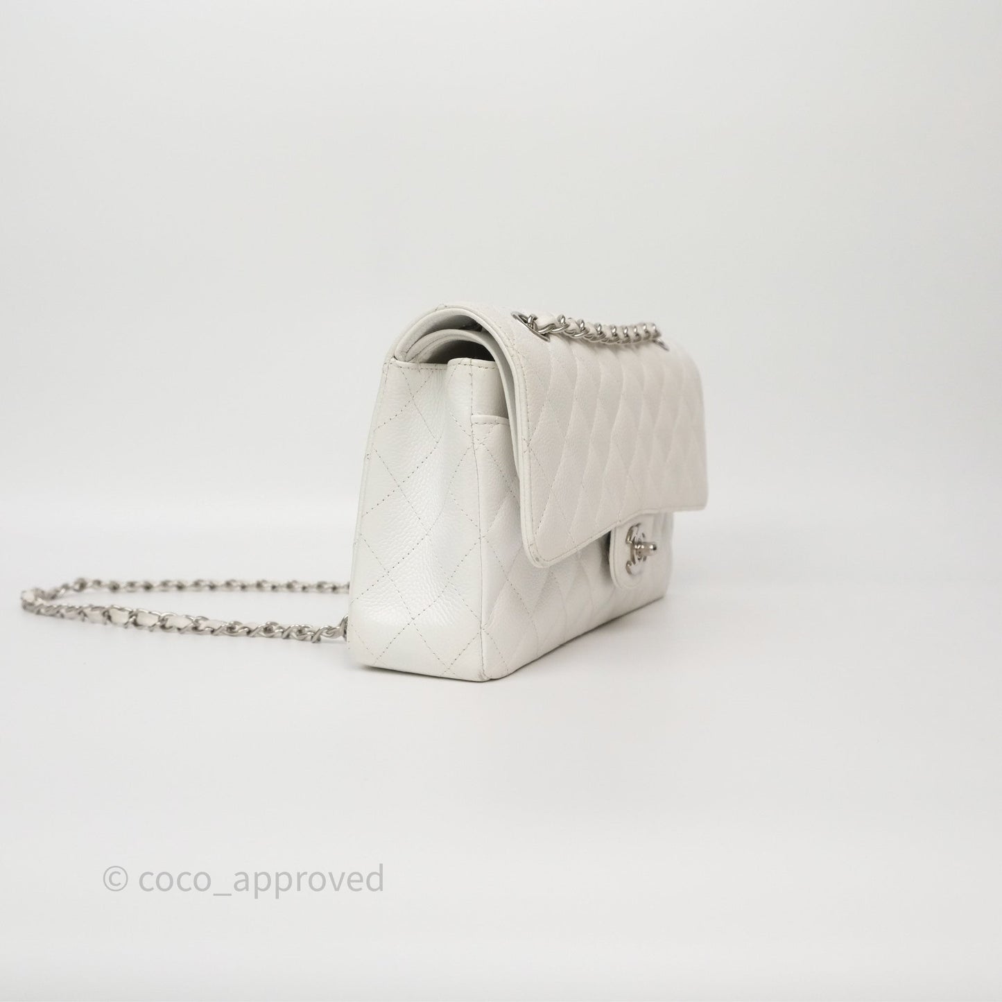 Chanel M/L Medium Classic Flap Quilted White Caviar Silver Hardware