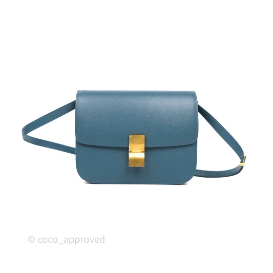 Celine Medium Classic Box Flap Blue Green Calfskin Gold Hardware
