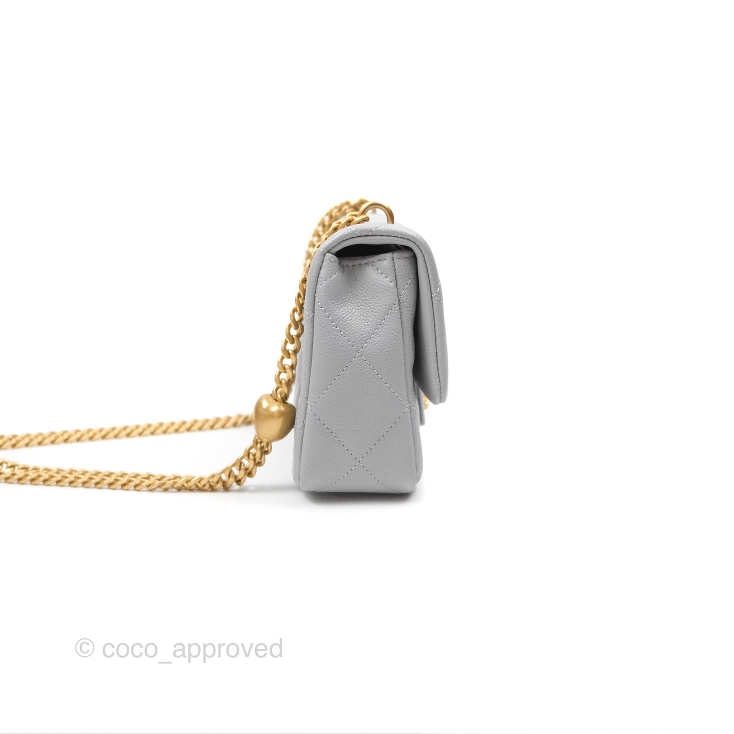 Chanel Mini Flap Bag Heart Adjustable Chain Grey Caviar Aged Gold Hardware 24P
