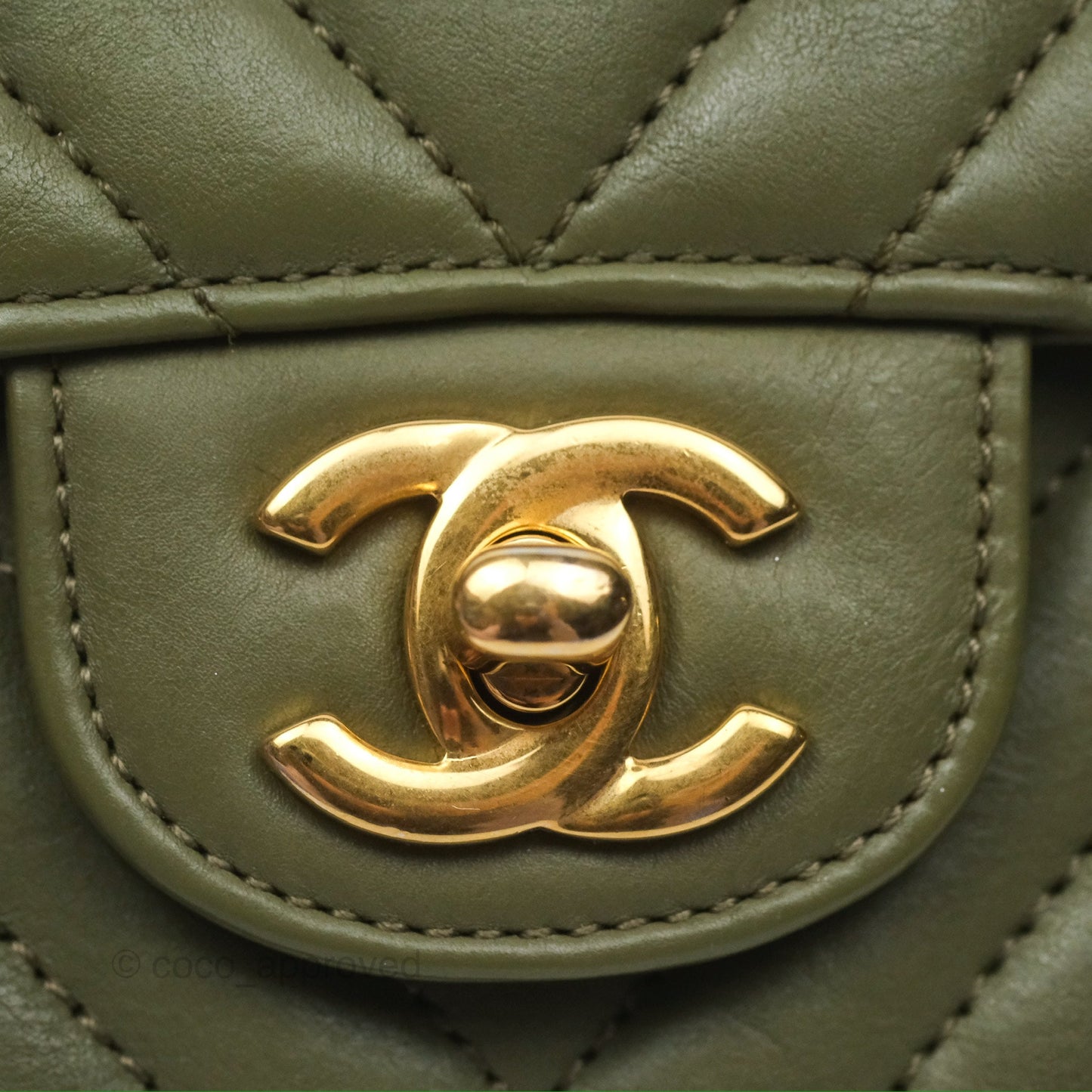 Chanel Mini Square Flap Chevron Olive Green Calfskin Gold Hardware