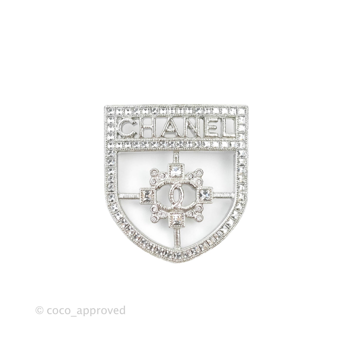 Chanel CC Crystal Shield Brooch Silver Tone 20V