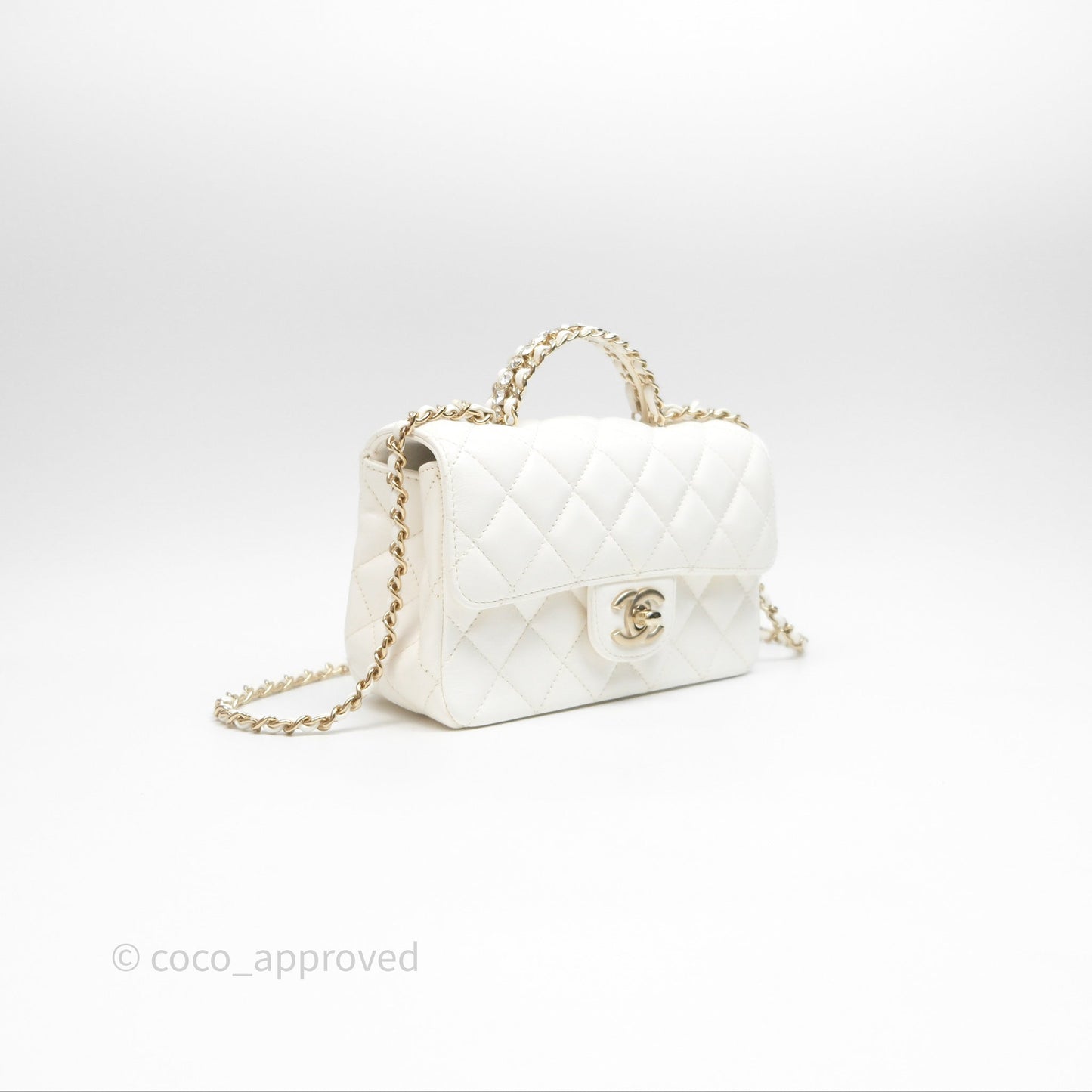 Chanel Crystals Top Handle Mini Rectangular Flap Bag White Lambskin Gold Hardware