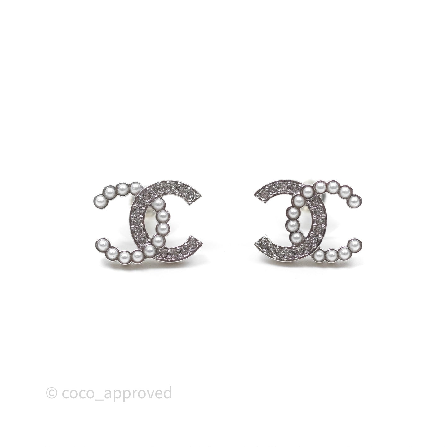 Chanel Crystal Pearl CC Earrings Silver Tone 25C