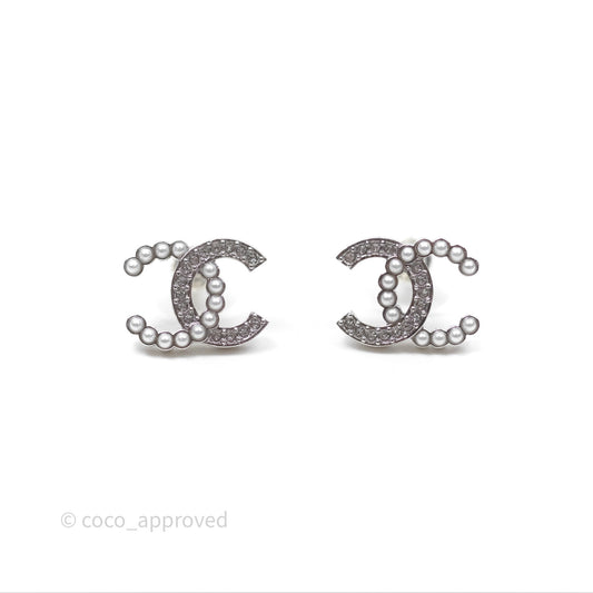 Chanel Crystal Pearl CC Earrings Silver Tone 25C