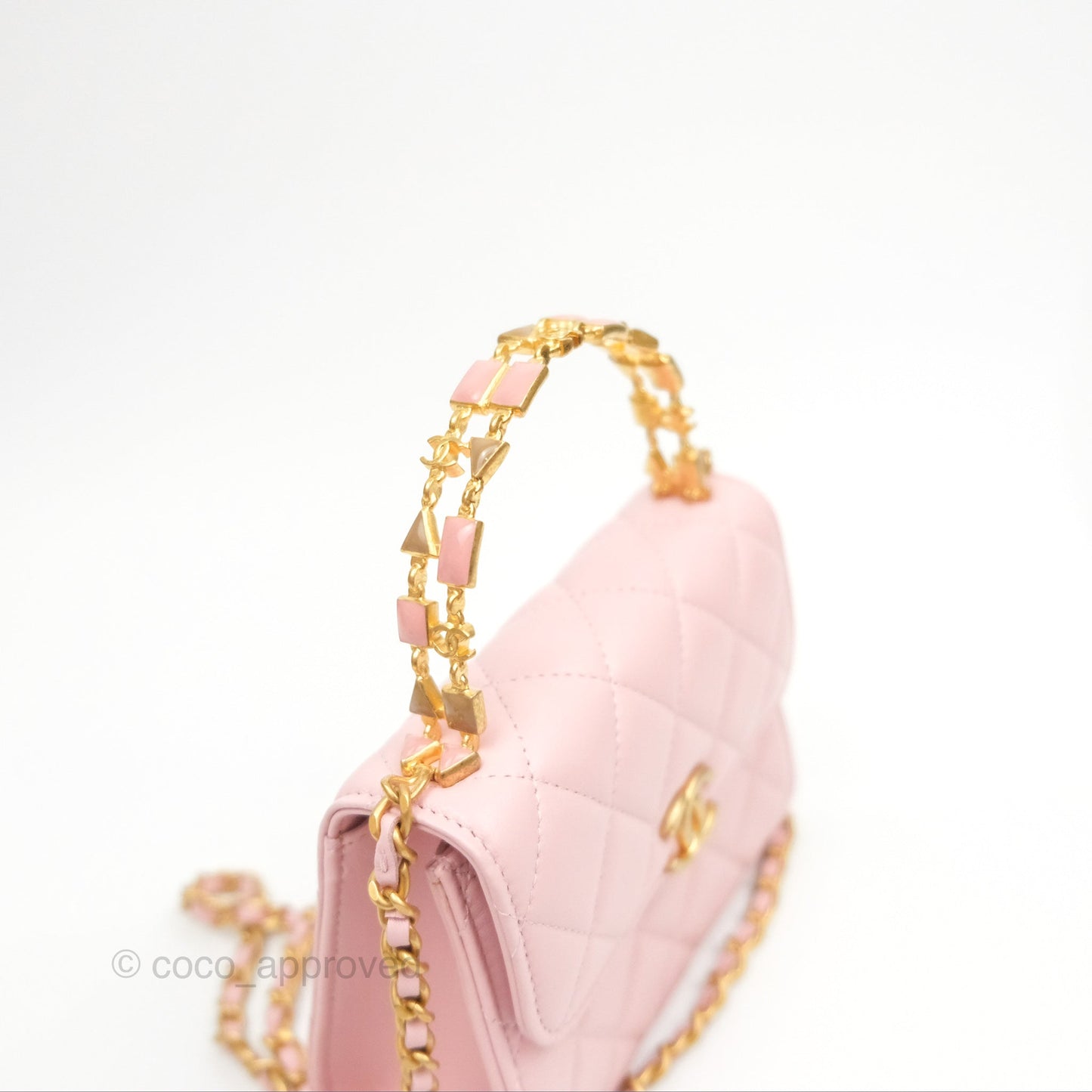 Chanel Enamel Top Handle Clutch with Chain Pink Lambskin Aged Gold Hardware 22B