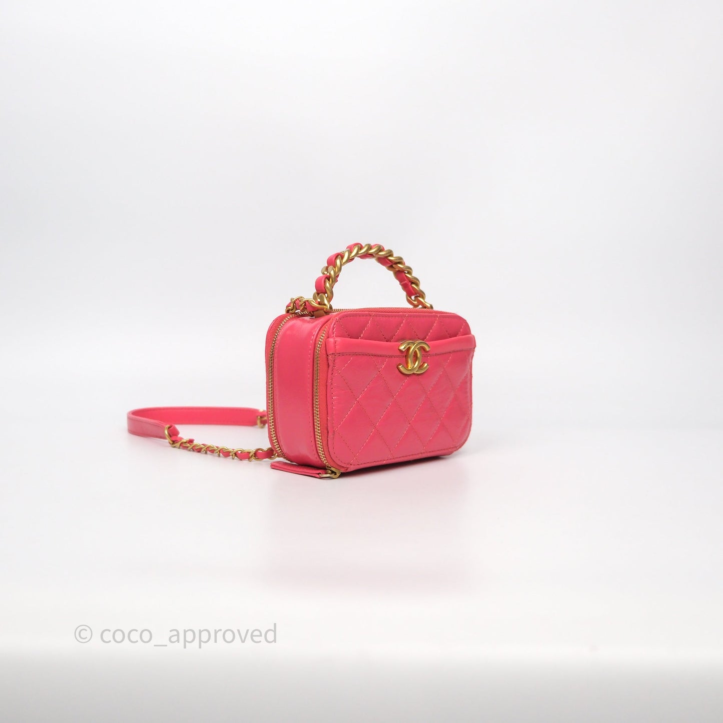 Chanel Small Top Handle Vanity Case Hot Pink Shiny Crumpled Calfskin Aged Gold Hardware