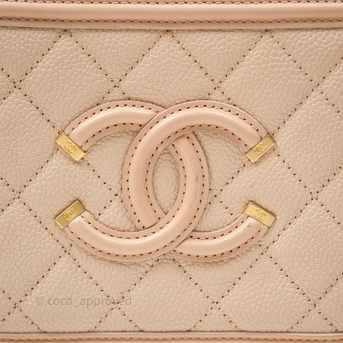 Chanel Quilted Small CC Filigree Vanity Case Beige Caviar Gold Hardware