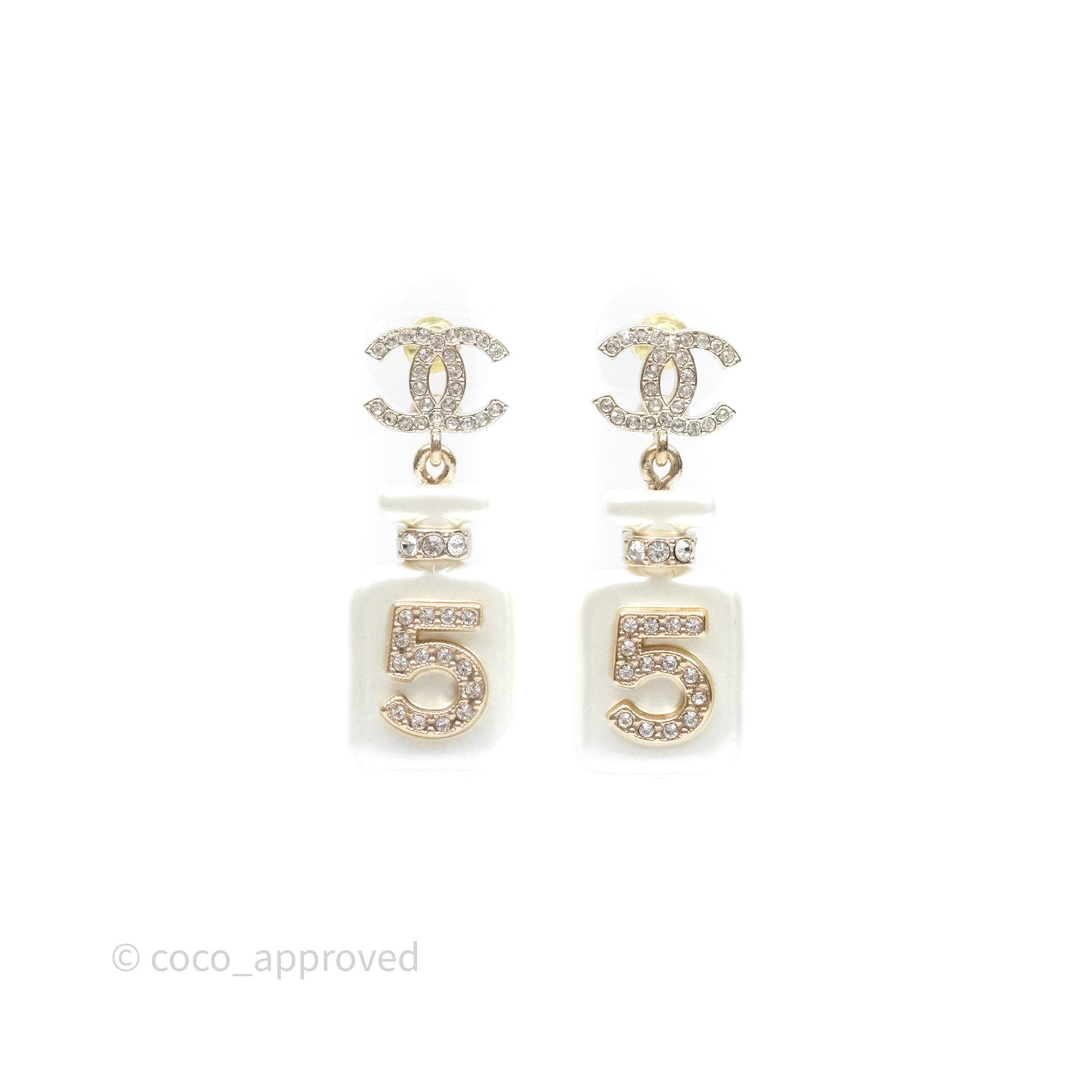 Chanel Crystal CC No5 Perfume Bottle Drop Earrings Gold Tone 22S
