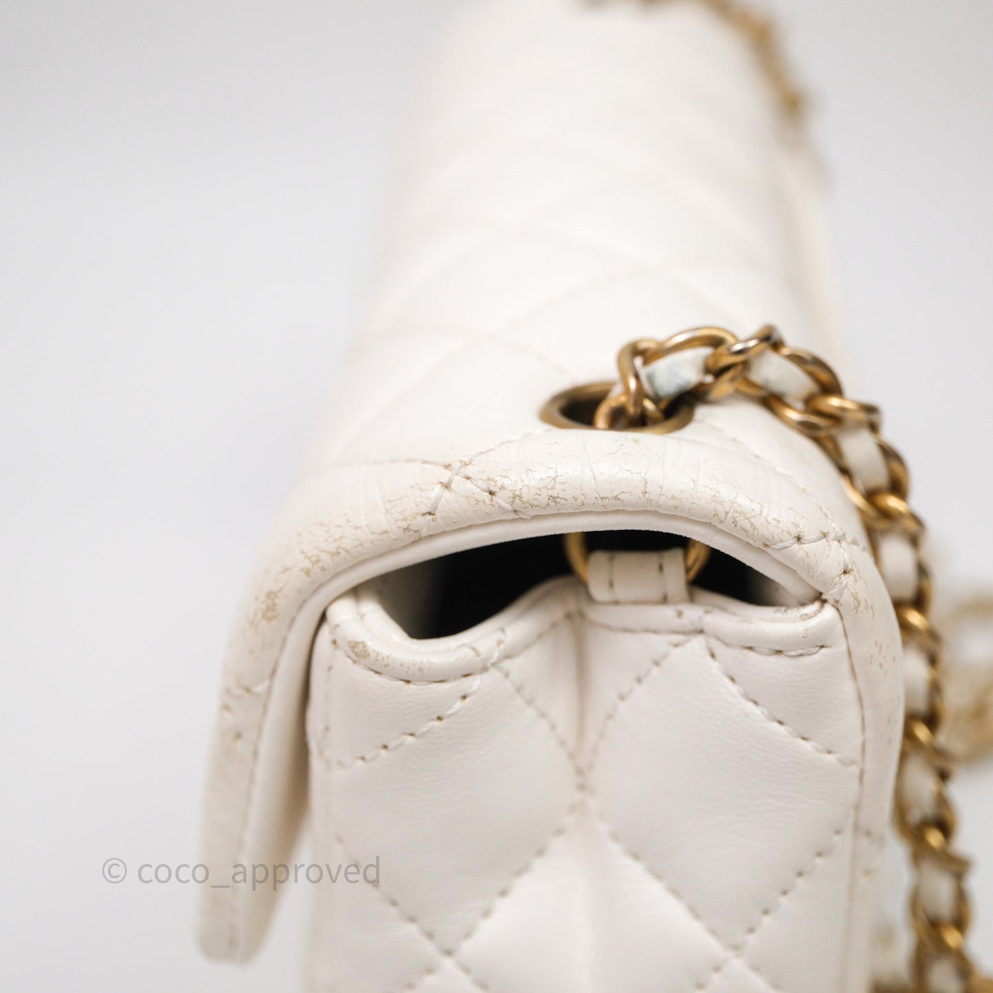 Chanel Mini Rectangular Pearl Crush Quilted White Lambskin Aged Gold Hardware