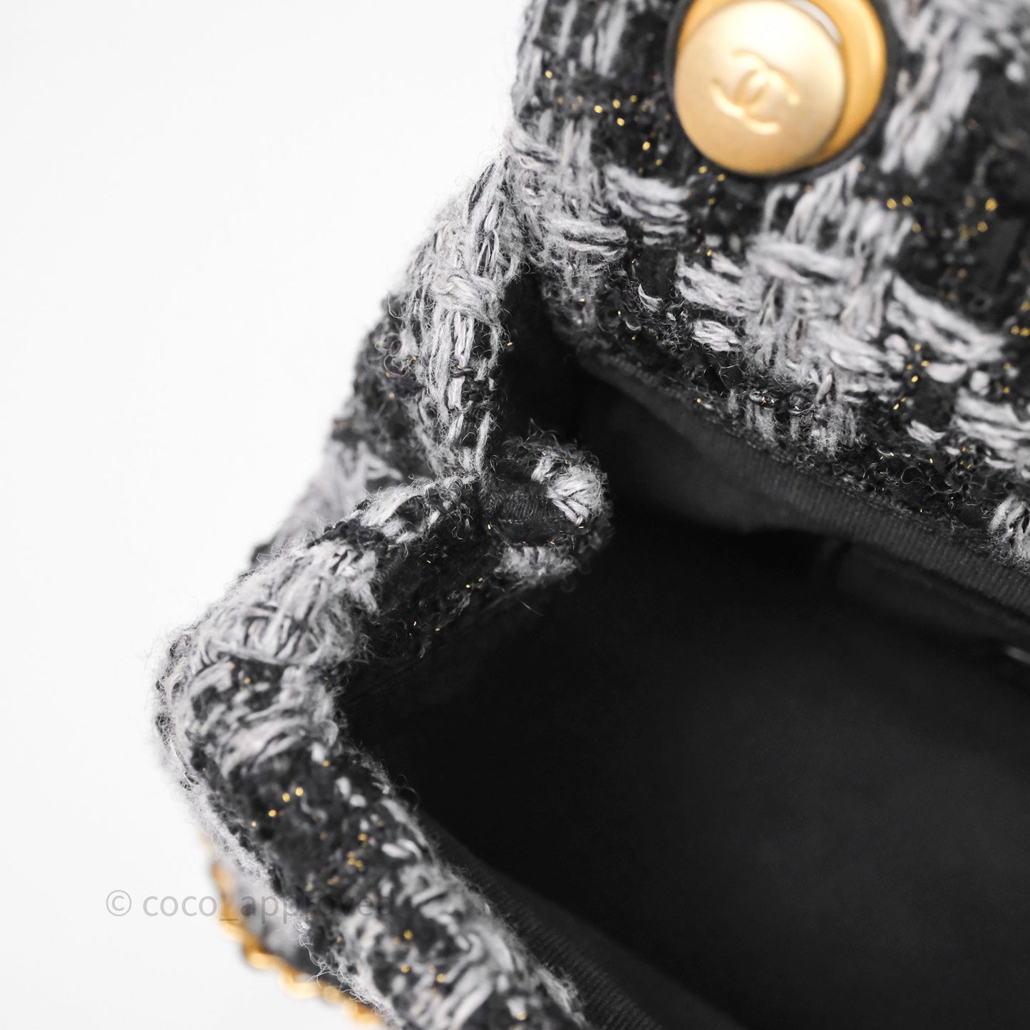 Chanel Mini Flag Bag Black & Grey Tweed Aged Gold Hardware