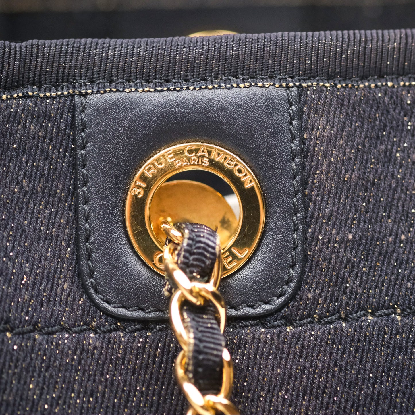 Chanel Medium Deauville Tote Navy Glitter Canvas Gold Hardware