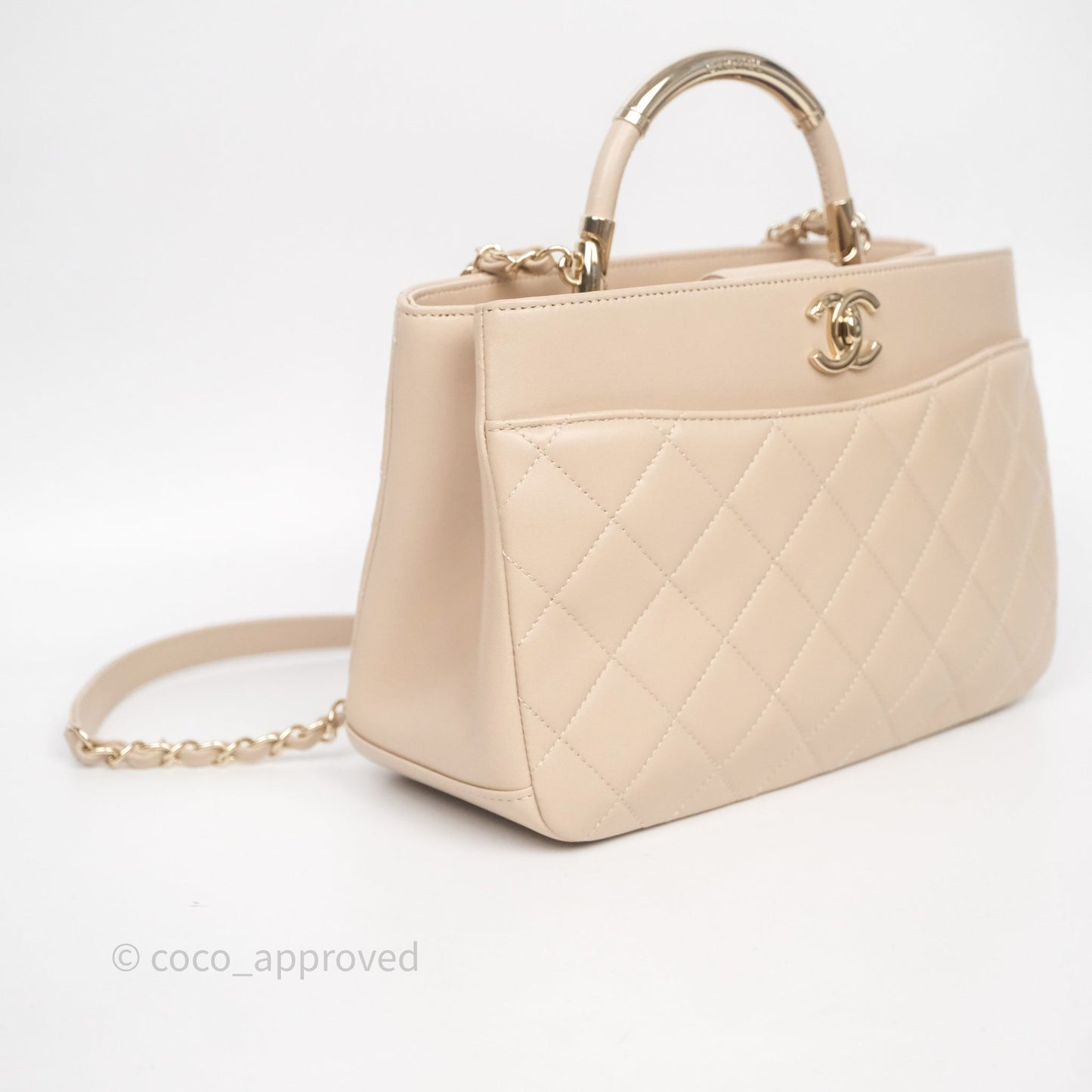 Chanel Quilted Top Handle Carry Chic Bag Beige Lambskin Gold Hardware