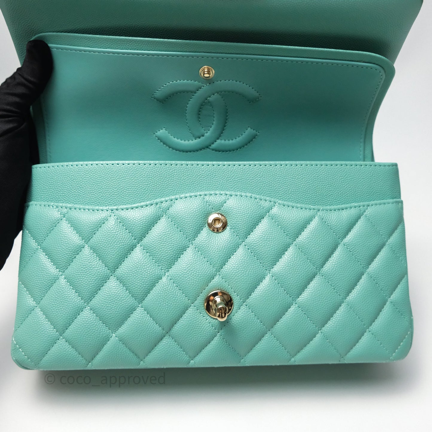Chanel Classic M/L Medium Flap Quilted Tiffany Green Caviar Gold Hardware