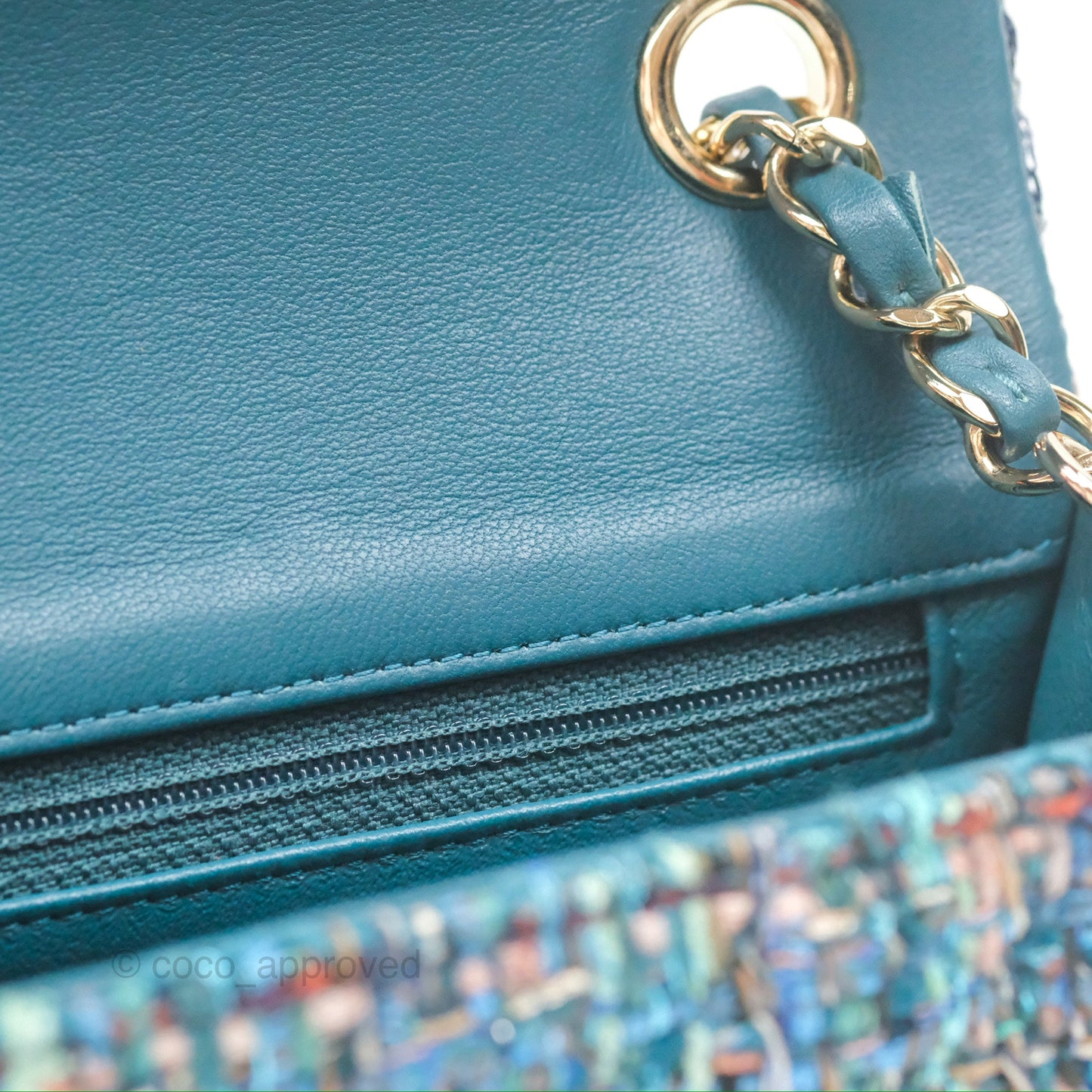 Chanel Mini Rectangular Flap Teal Tweed Gold Hardware