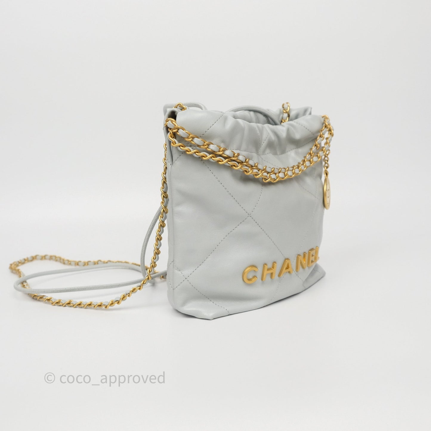 Chanel 22 Mini Bag Light Blue Shiny Crumpled Calfskin Aged Gold Hardware
