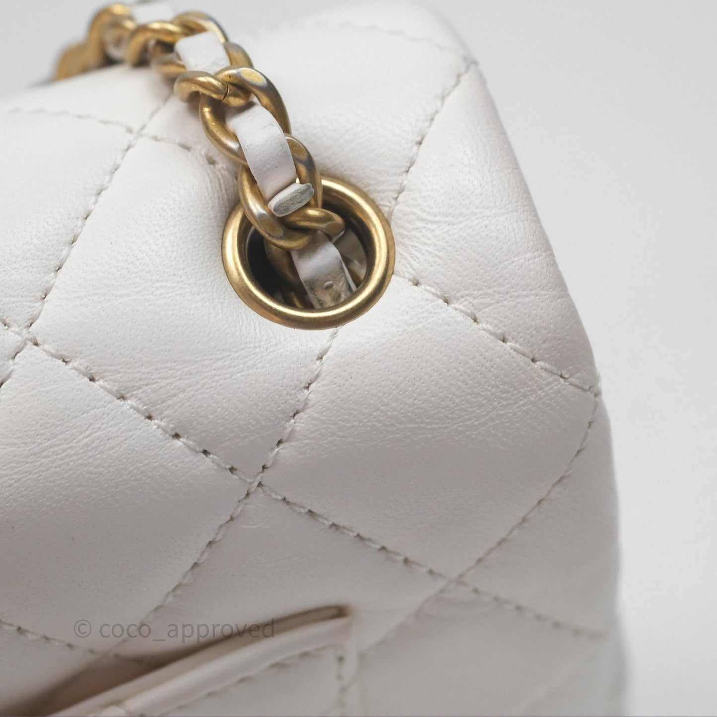 Chanel Mini Rectangular Pearl Crush Quilted White Lambskin Aged Gold Hardware