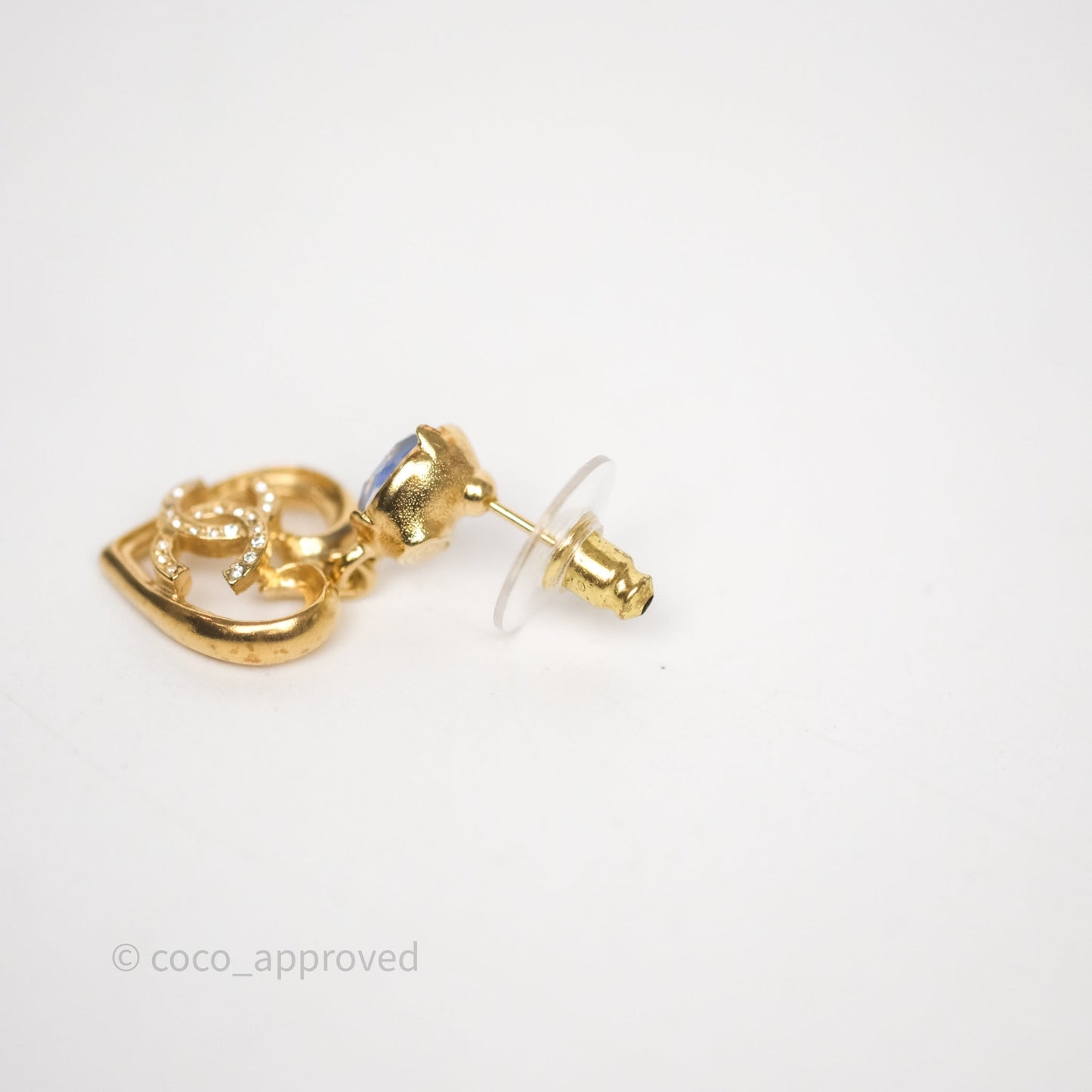 Chanel Oval Blue Resin Heart CC Drop Earrings Gold Tone 23C