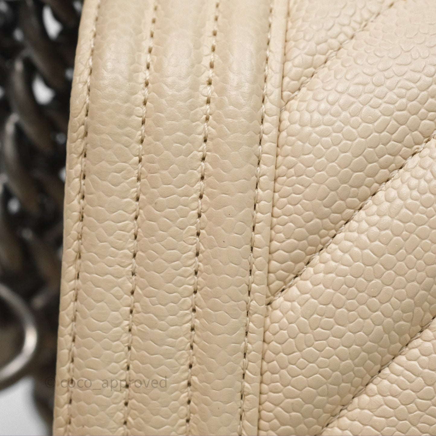 Chanel Medium Boy Chevron Beige Caviar Ruthenium Hardware