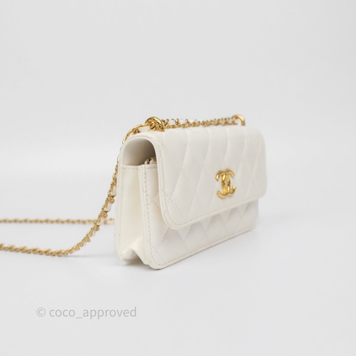Chanel Dynasty Phone Holder with Chain White Ivory Lambskin Aged Gold Hardware