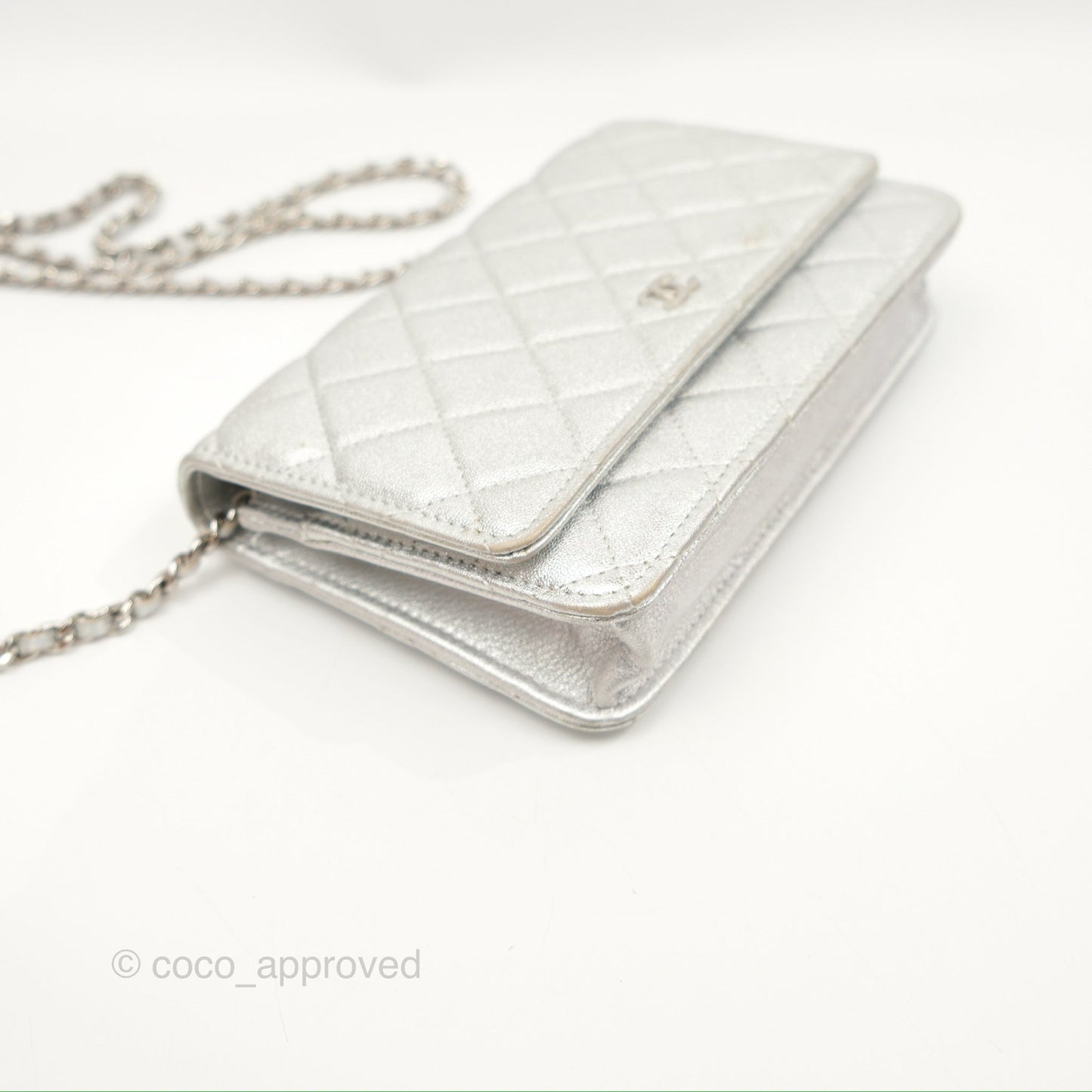 Chanel Quilted Wallet on Chain WOC Iridescent Silver Grained Lambskin Silver Hardware