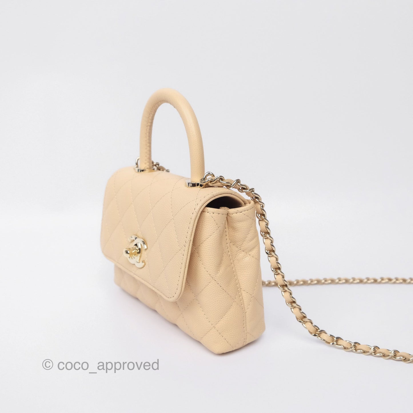 Chanel Coco Handle Clutch with Chain Quilted Beige Caviar Gold Hardware