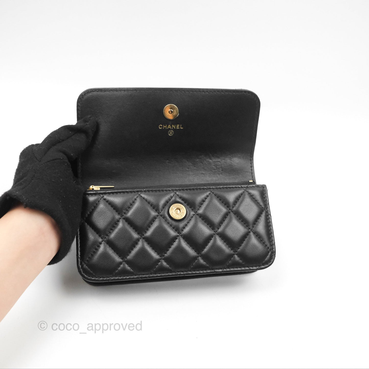 Chanel Mini WOC Phone Holder with Camellia Adjustable Chain Black Lambskin