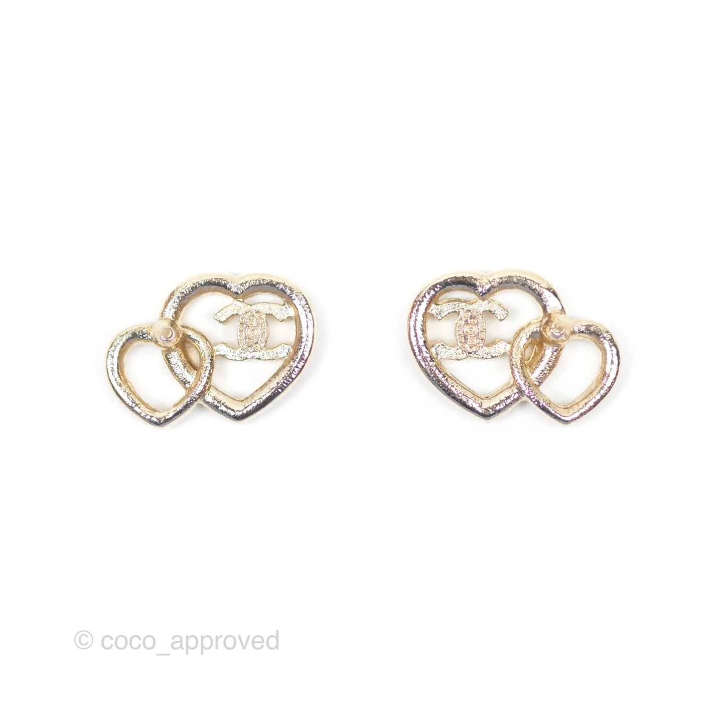 Chanel Crystal CC Double Heart Earrings Gold Tone 23B