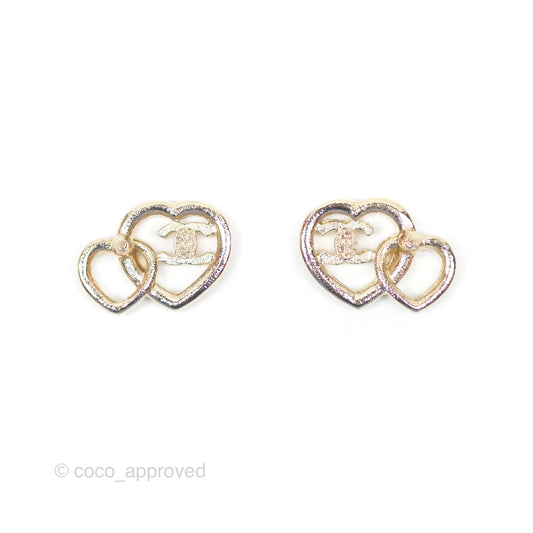 Chanel Crystal CC Double Heart Earrings Gold Tone 23B
