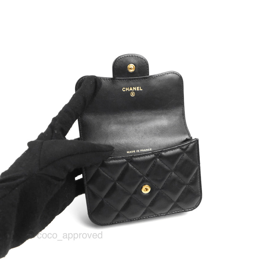 Chanel Mini Handle Flap Coin Purse With Chain Black Lambskin Gold Hardware