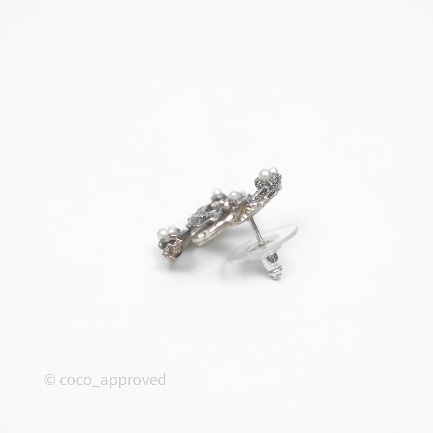 Chanel CC Pearl Earrings Ruthenium Tone 14P