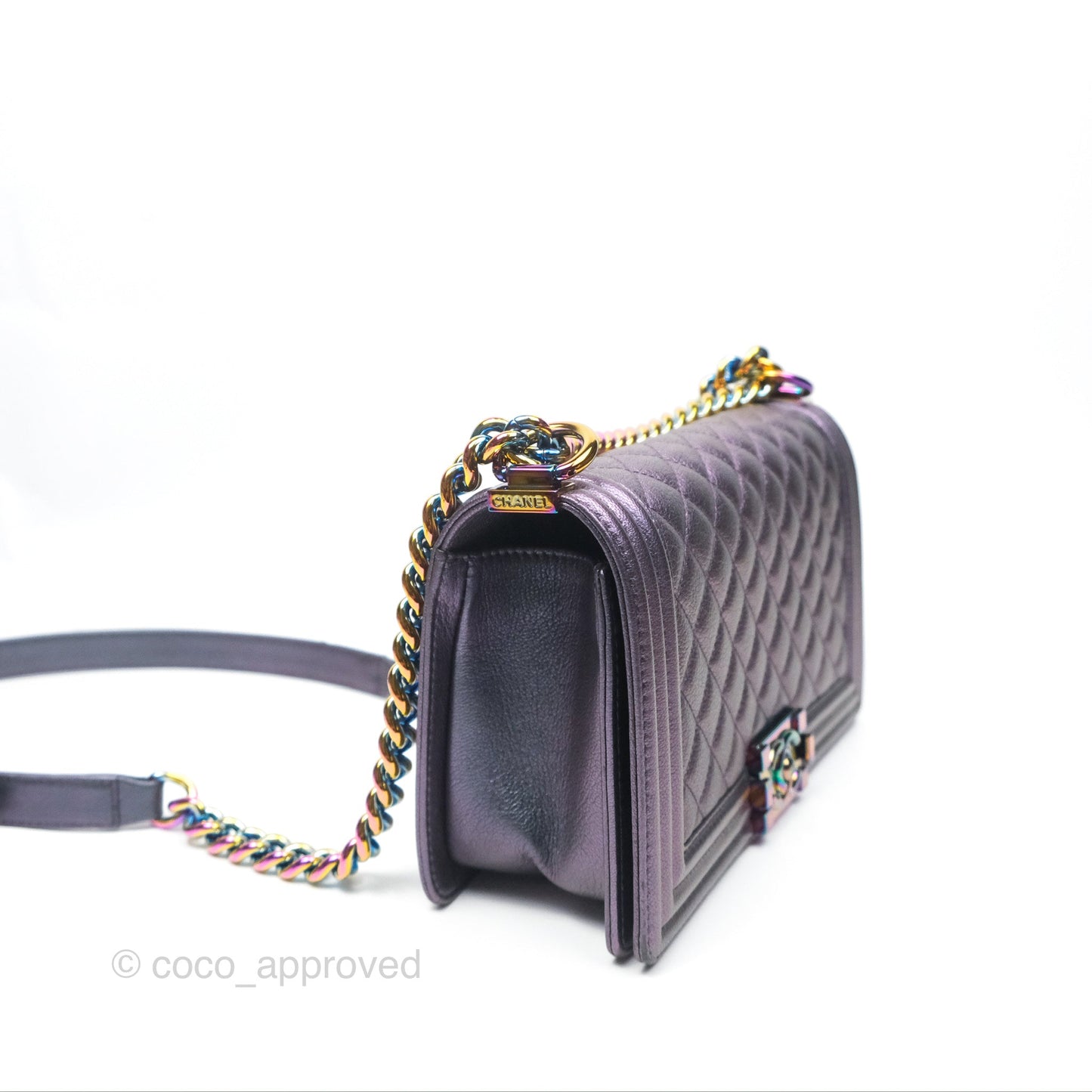 Chanel Medium Boy Quilted Iridescent Purple Goatskin Rainbow Hardware