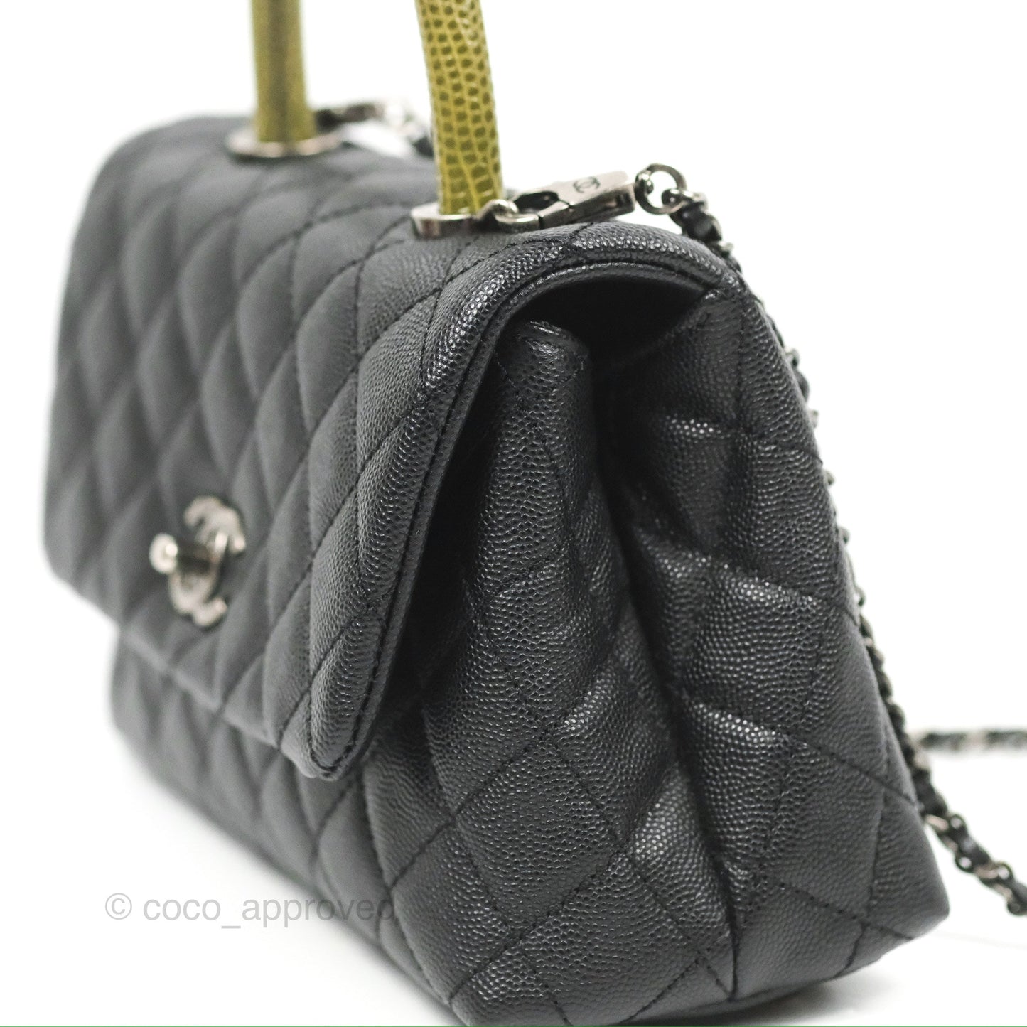 Chanel Small Coco Handle Quilted Black Caviar Ruthenium Hardware Olive Lizard Handle