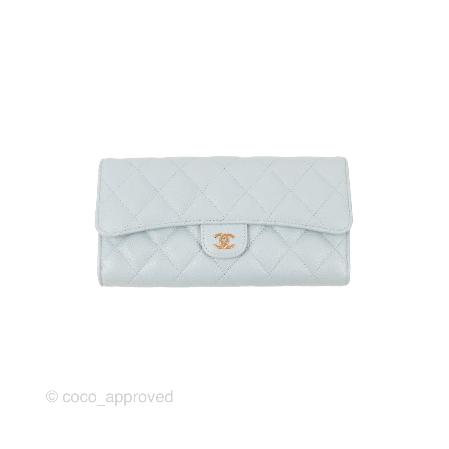 Chanel Classic Quilted Flap Long Wallet Light Blue Caviar Gold Hardware